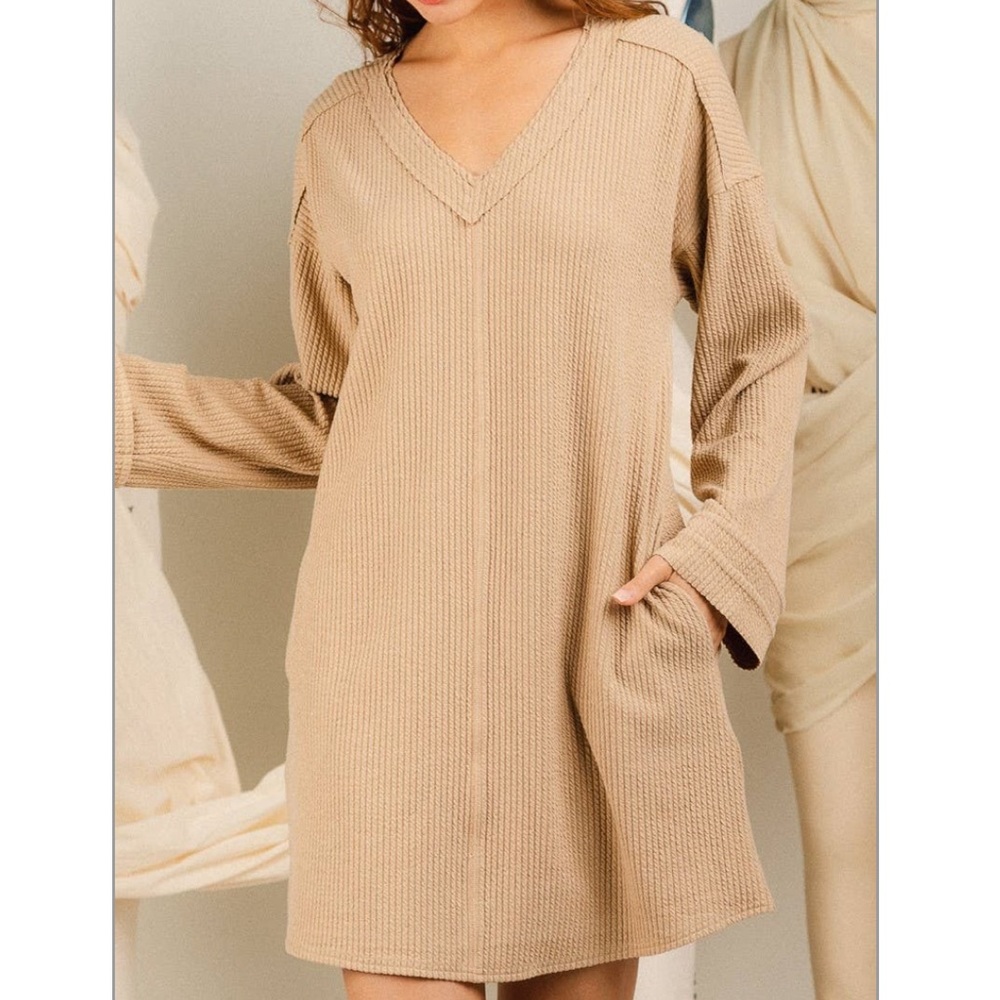 New In Waffle Knit Vneck Dress/Taupe - Picture 2 of 13